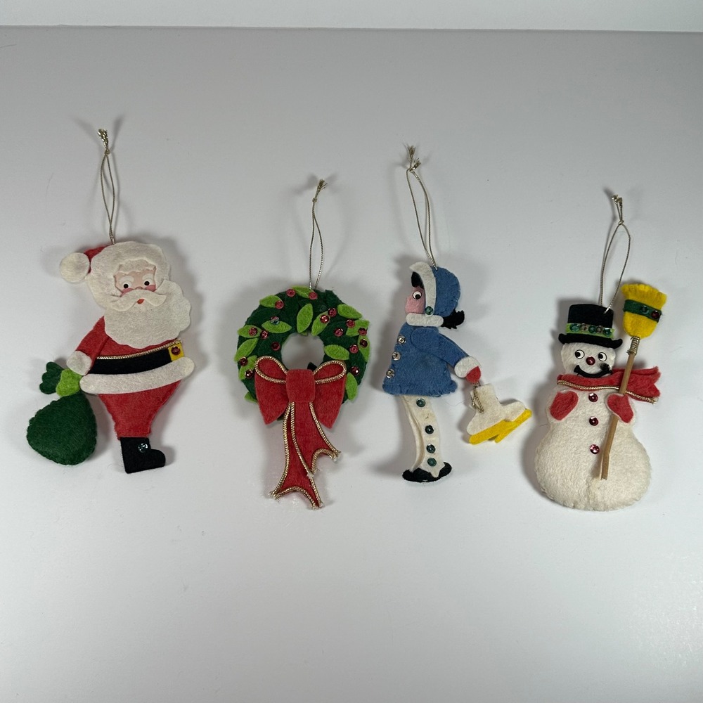 Vintage Felt Christmas Ornaments Set 4 Santa Snowman Ice Skater Wreath Sequins